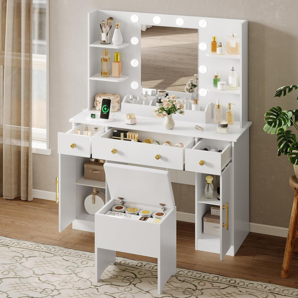 White Vanity Desk With Mirror LED Lighting System With USB Ports-2
