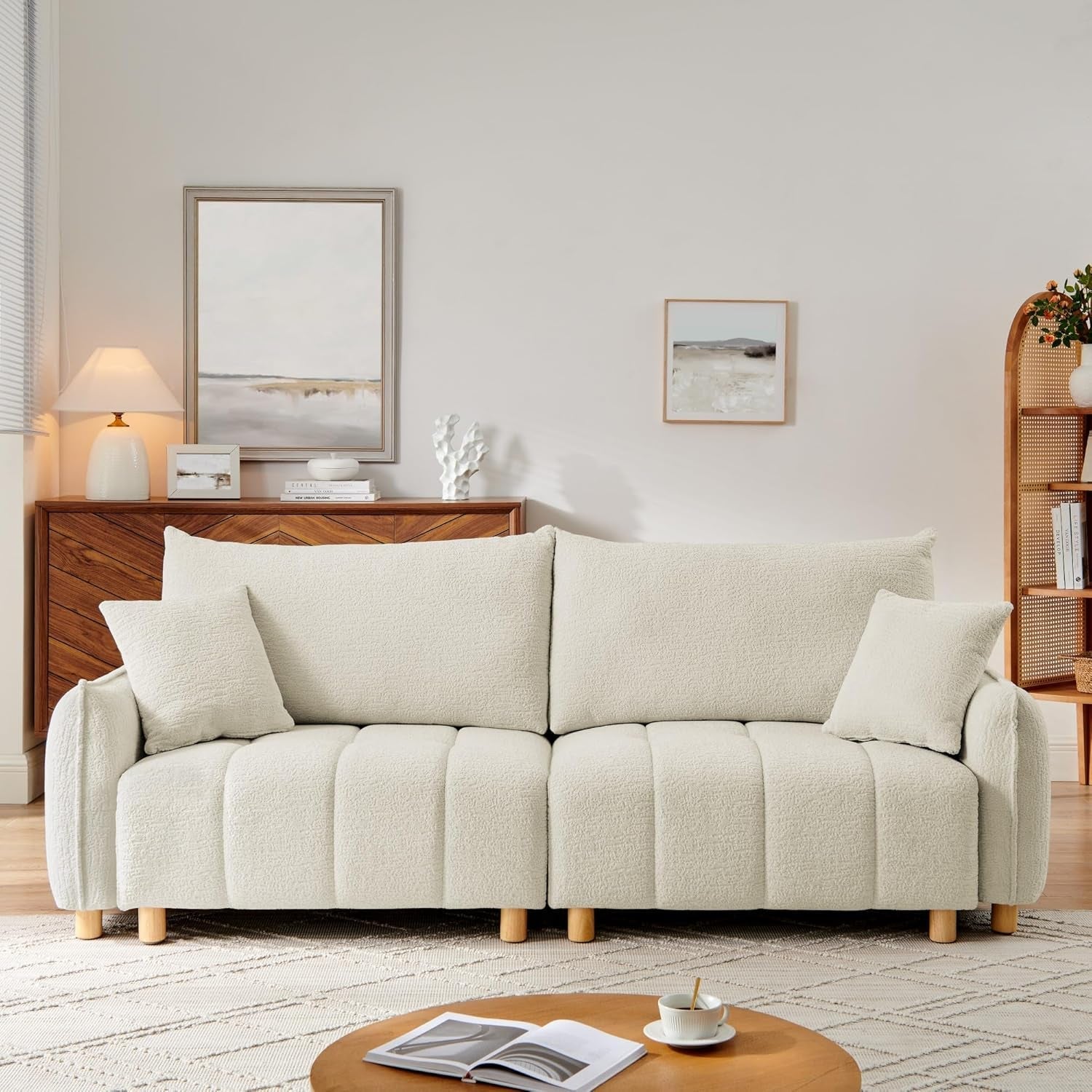 Cream Chenille Sleeper Sofa Bed With Expanded Storage-1