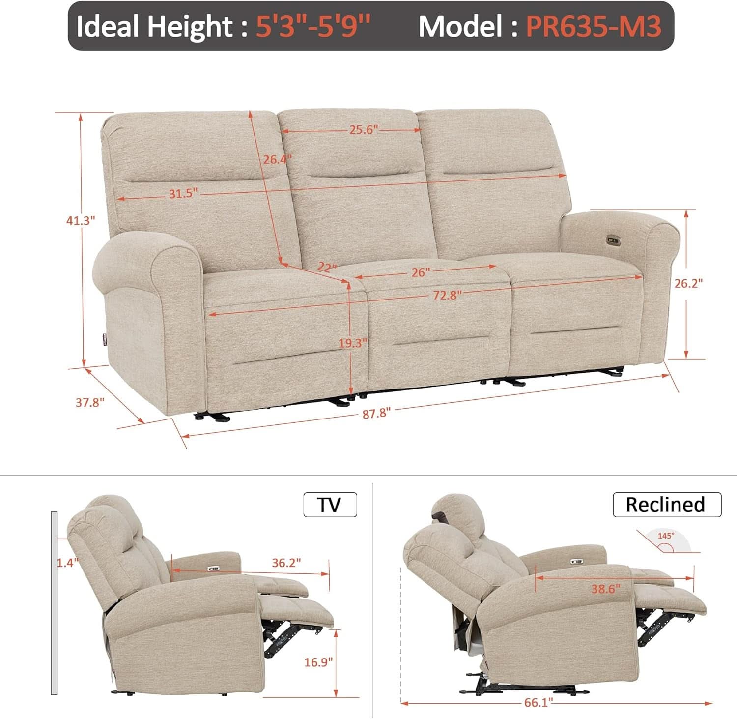 87.8 Inch Wall Hugger Reclining Sofa With Drop Down Table-2