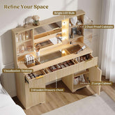 Fluted Wood Vanity Desk 48 Inch Tempered Glass Mirror-1