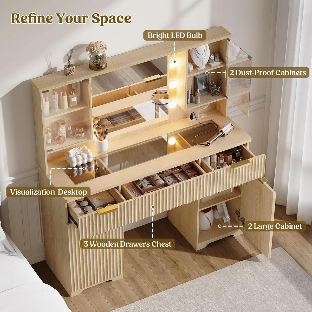 Fluted Wood Vanity Desk 48 Inch Tempered Glass Mirror-1