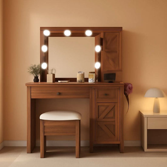 Contemporary Rustic Brown Vanity Desk With Lighting-0