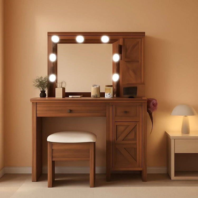 Contemporary Rustic Brown Vanity Desk With Lighting-0