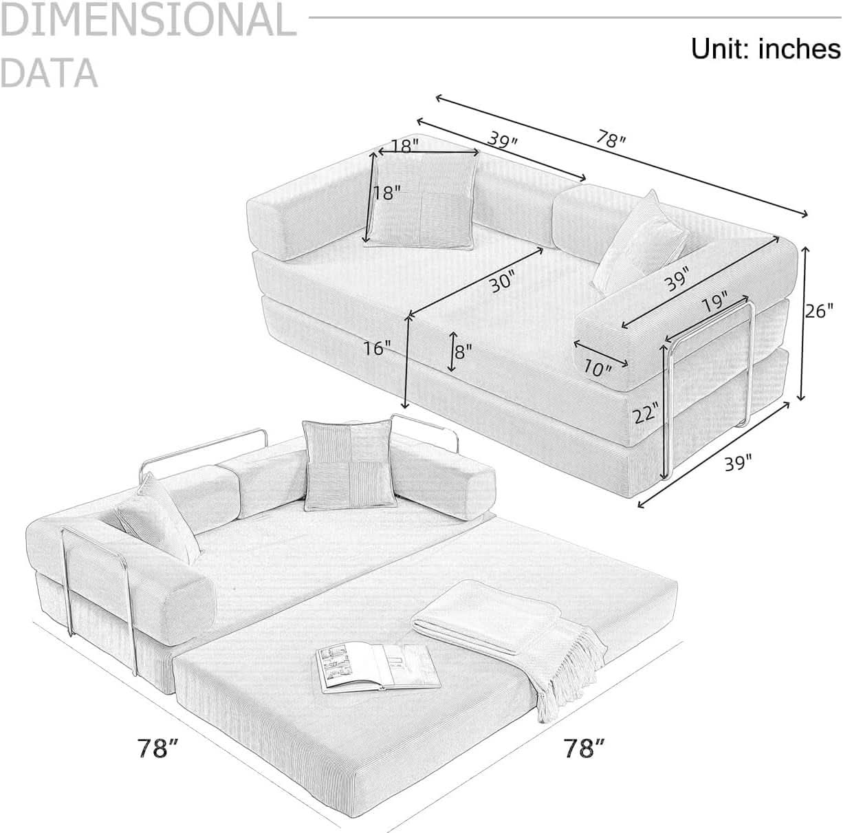 78Inch Convertible Sleeper Sofa Bed Beige Upholstery-1