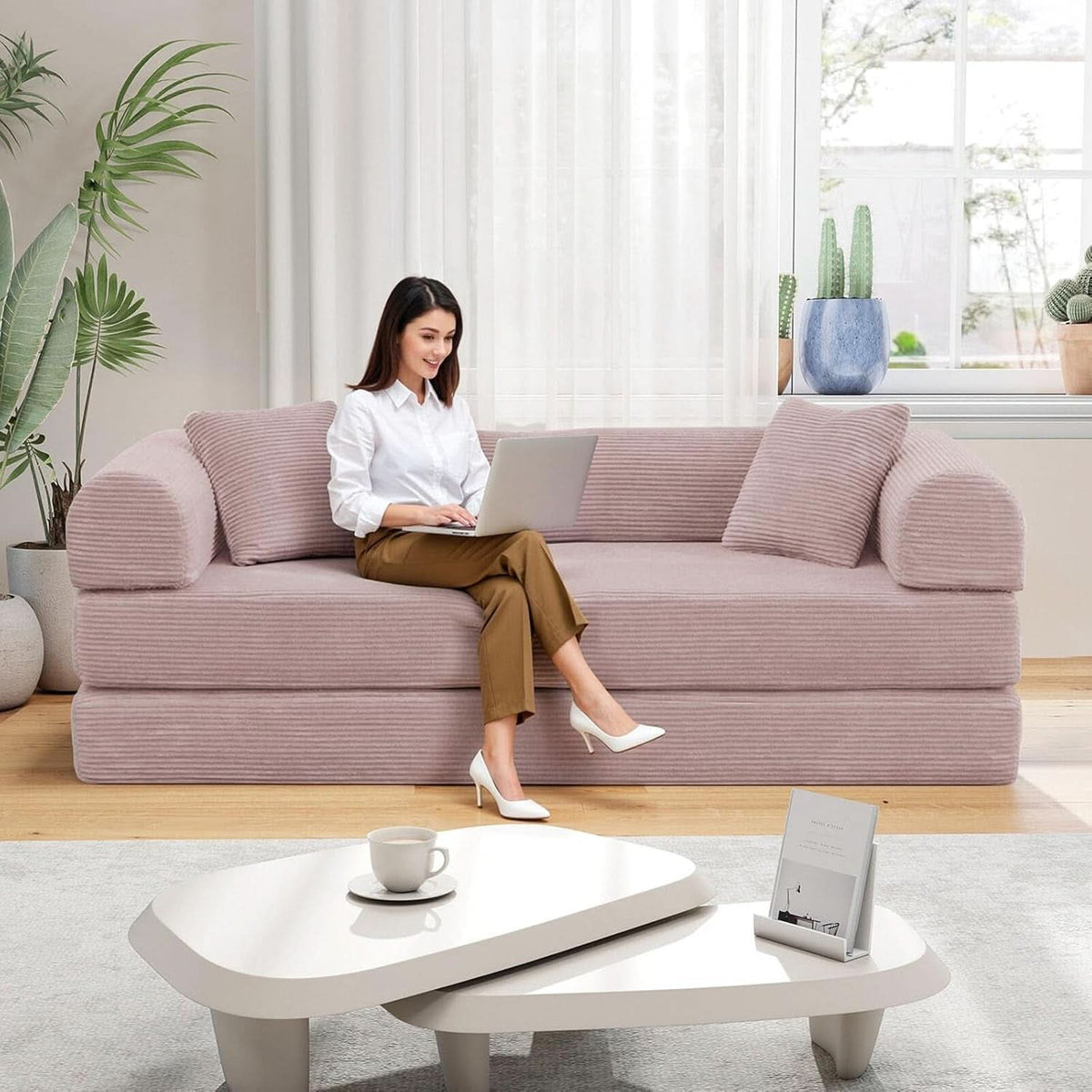 Transformable Sofa Bed QueenSize Pink Folding Frame-1