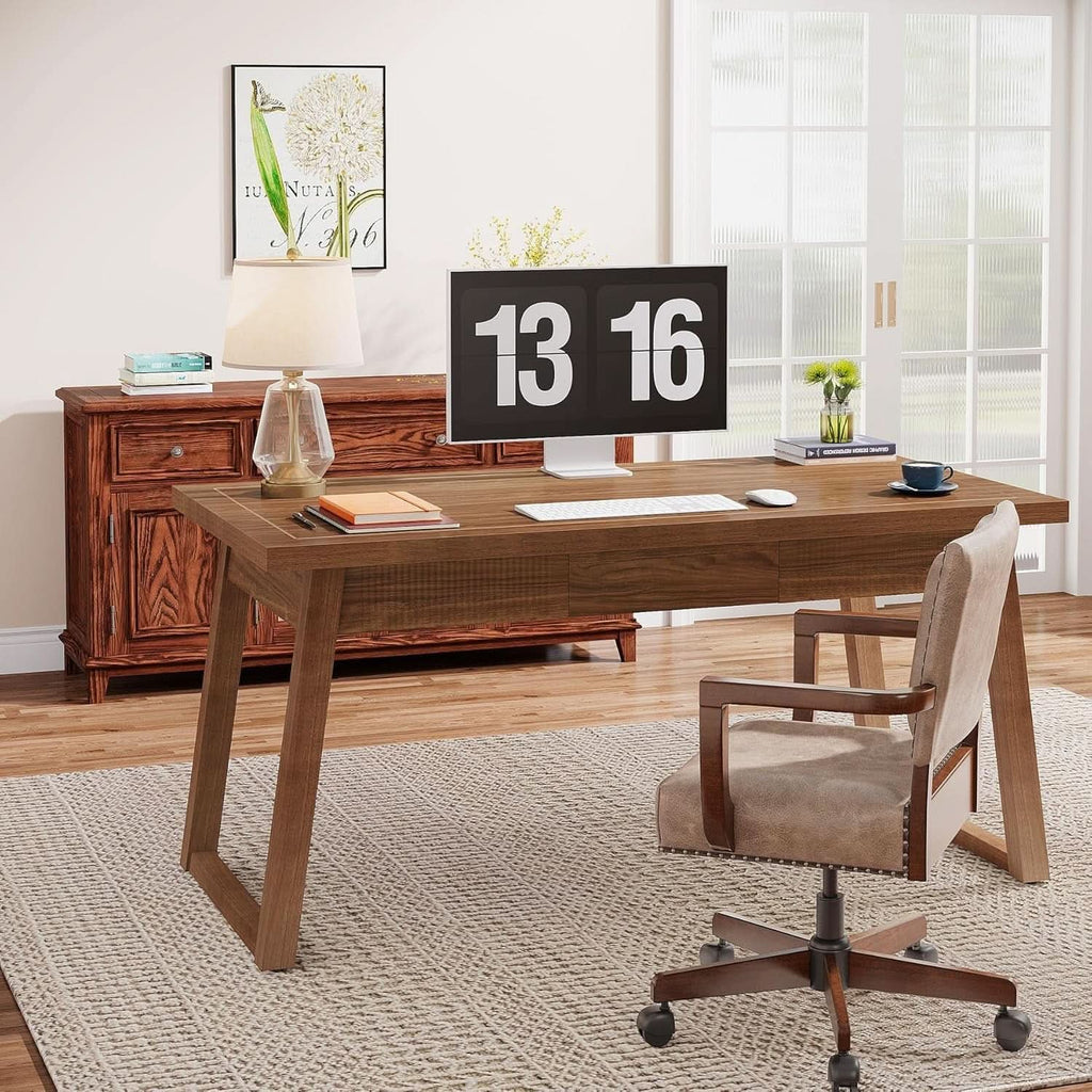Mid-Century Modern Wooden Desk with Drawer and Stability-2
