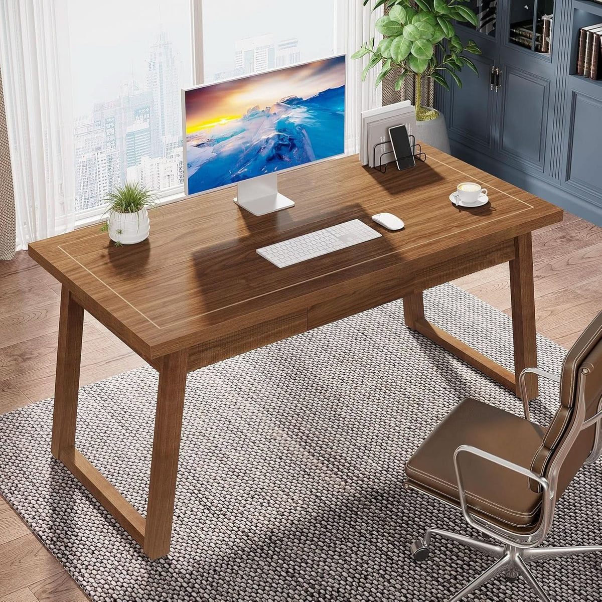 Mid-Century Modern Wooden Desk with Drawer and Stability-4