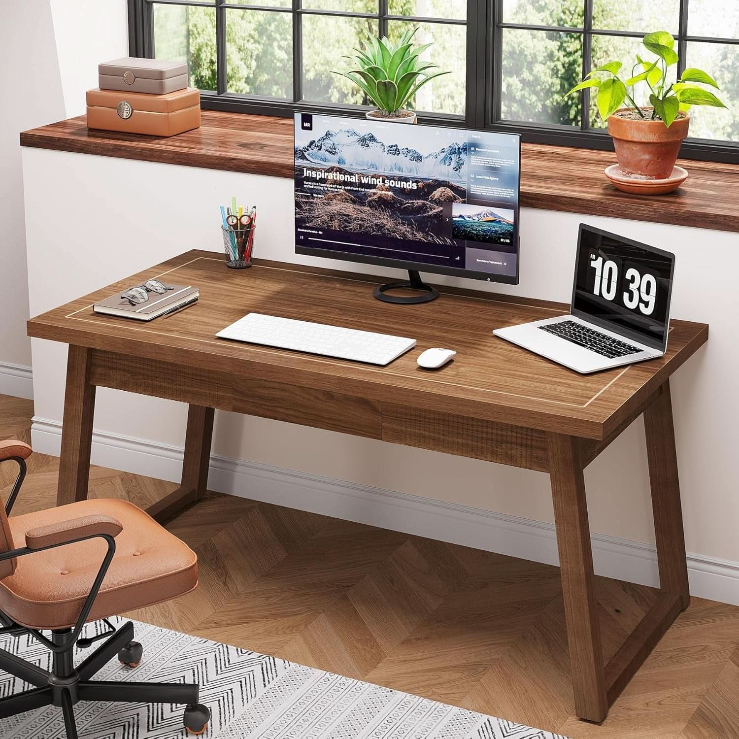 Mid-Century Modern Wooden Desk with Drawer and Stability-3