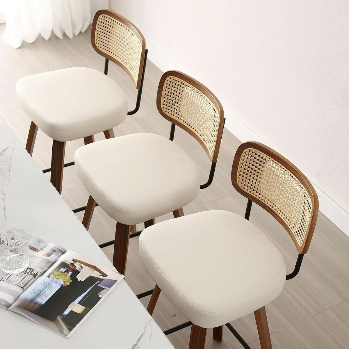 Swivel Counter Height Bar Stools Cream White Rattan Back-4