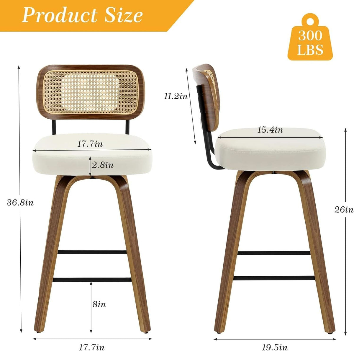Swivel Counter Height Bar Stools Cream White Rattan Back-1